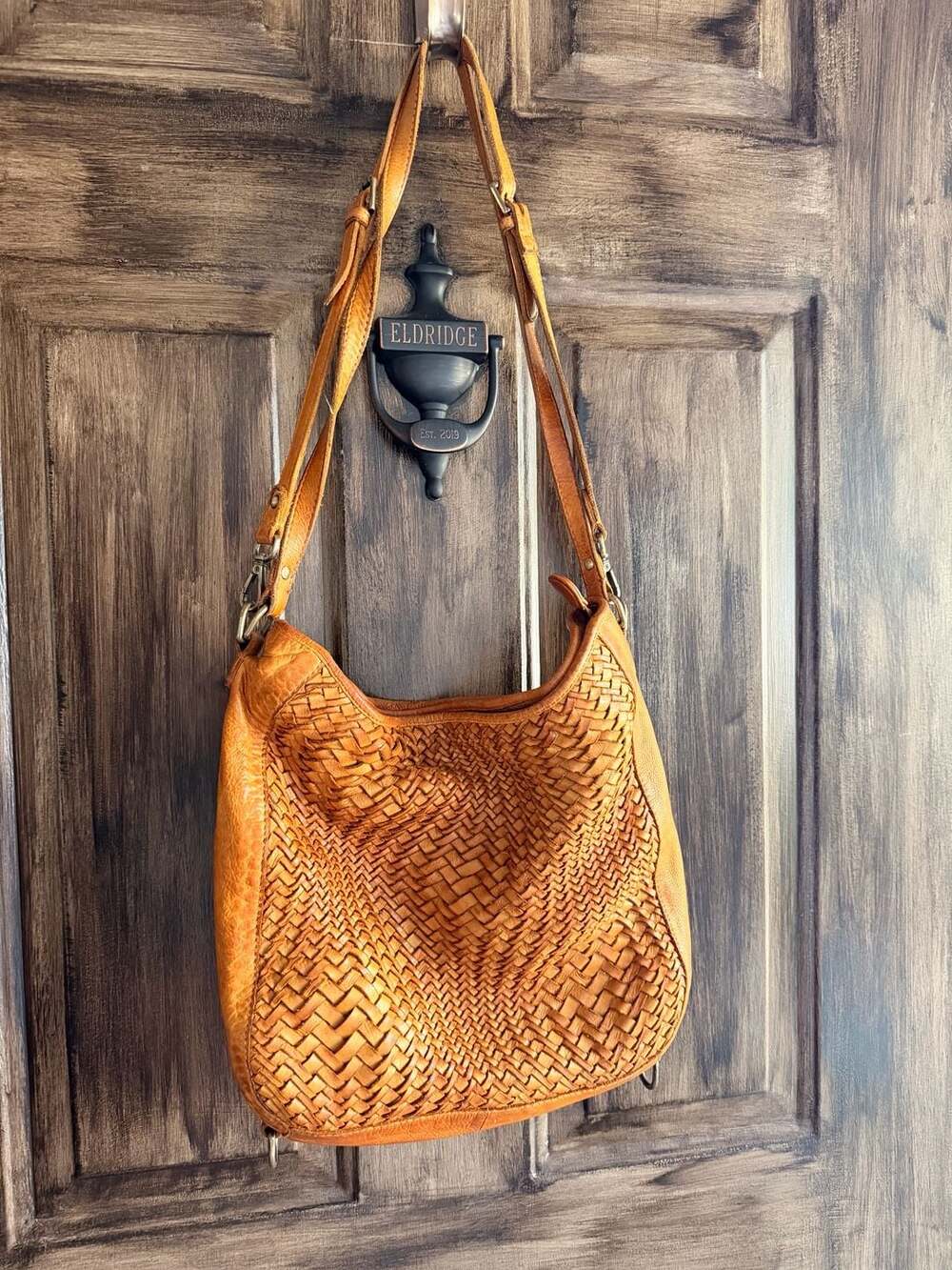 Woven Convertible Leather Shoulder Bag and Backpack Cognac Brown